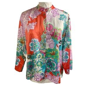 Josie Natori Silk Pajama Style Blouse Japanese Floral Print Button Dowm Top Sz S